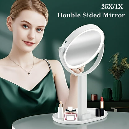 Rechargeable Lighted Makeup Mirror 25X Magnifying 80 LED Vanity Mirror - 3 Color Lighting Modes, Touch Control, Double Sided 8 Inch 2000mAh Battery Makeup Mirror for Women Desk Bedroom Gift