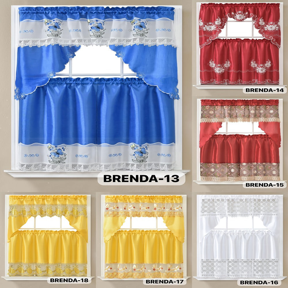 Three-Piece Patterned Kitchen Curtain Set with One Valance, Two Tiers and Forty-Six Exact Design Options