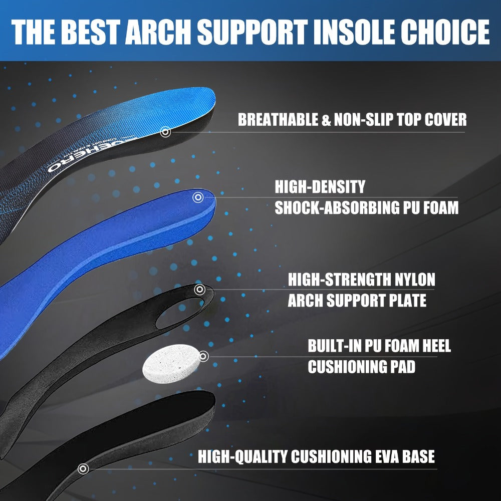 Blue Full-Length Shoe Insoles with Raised Arch Profile and Black Base in Ten Men's and Women's Size Options