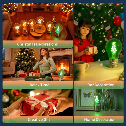 Christmas LED Decorative Bulb Type-C Rechargeable A19 Novelty Night Light – Warm White Holiday Shape Bulbs for Indoor Table Window Decor, Bell Elk Snowman Snowflake Christmas Tree Gift Style