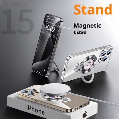 Magnetic U-Shield Stand iPhone Case for iPhone 17 Pro Max 16 16 Pro Max Electroplated PC Transparent Back Shockproof Full Coverage Protective Cover with Kickstand