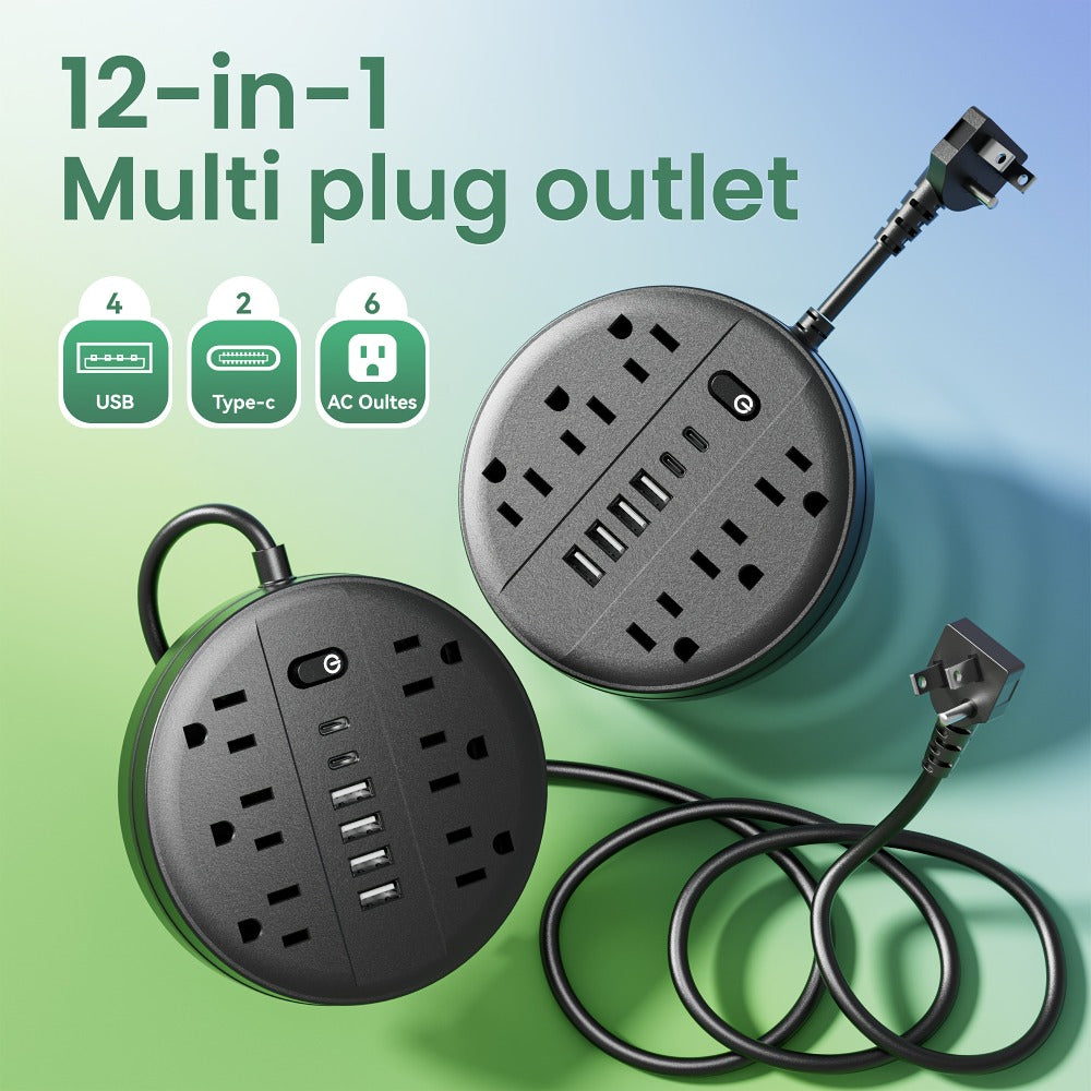 Wall Mount Power Strip Surge Protector 12-in-1 with 6 AC Outlets 4 USB-A 2 USB-C Ports Portable Compact Multi-Outlet Charging Station Wall-Mountable Extension for Home Office School – Black & White