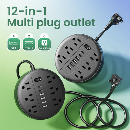 Wall Mount Power Strip Surge Protector 12-in-1 with 6 AC Outlets 4 USB-A 2 USB-C Ports Portable Compact Multi-Outlet Charging Station Wall-Mountable Extension for Home Office School – Black & White