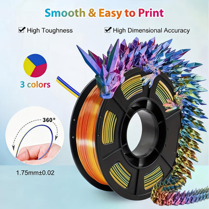 Gradient Tri-Color PLA Filament 1.75mm 250g 0.55lb – Three-Tone Color Transition Smooth Durable Printing for DIY Artistic Cosplay & Professional Projects Wide FDM Compatibility