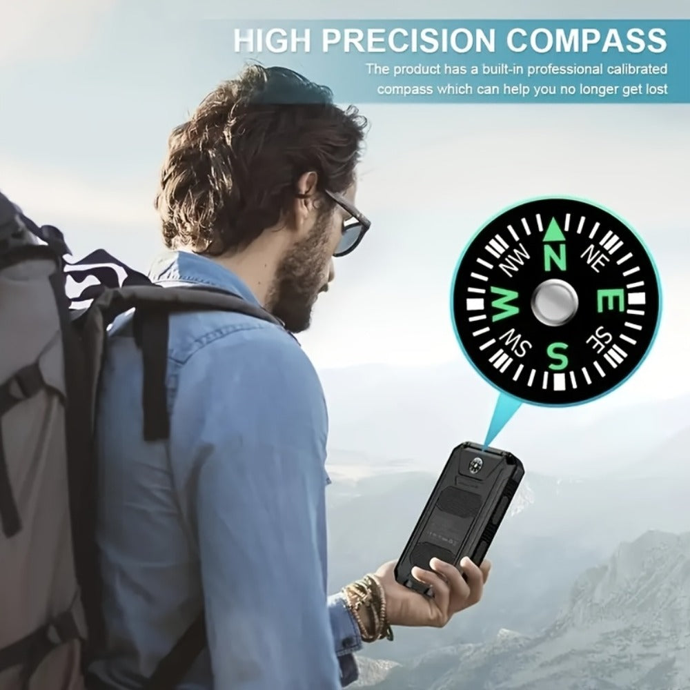 Power Bank Solar 38800mAh with QC3.0, USB-C, Dual USB Outputs, LED Flashlight and Compass for Outdoor Use