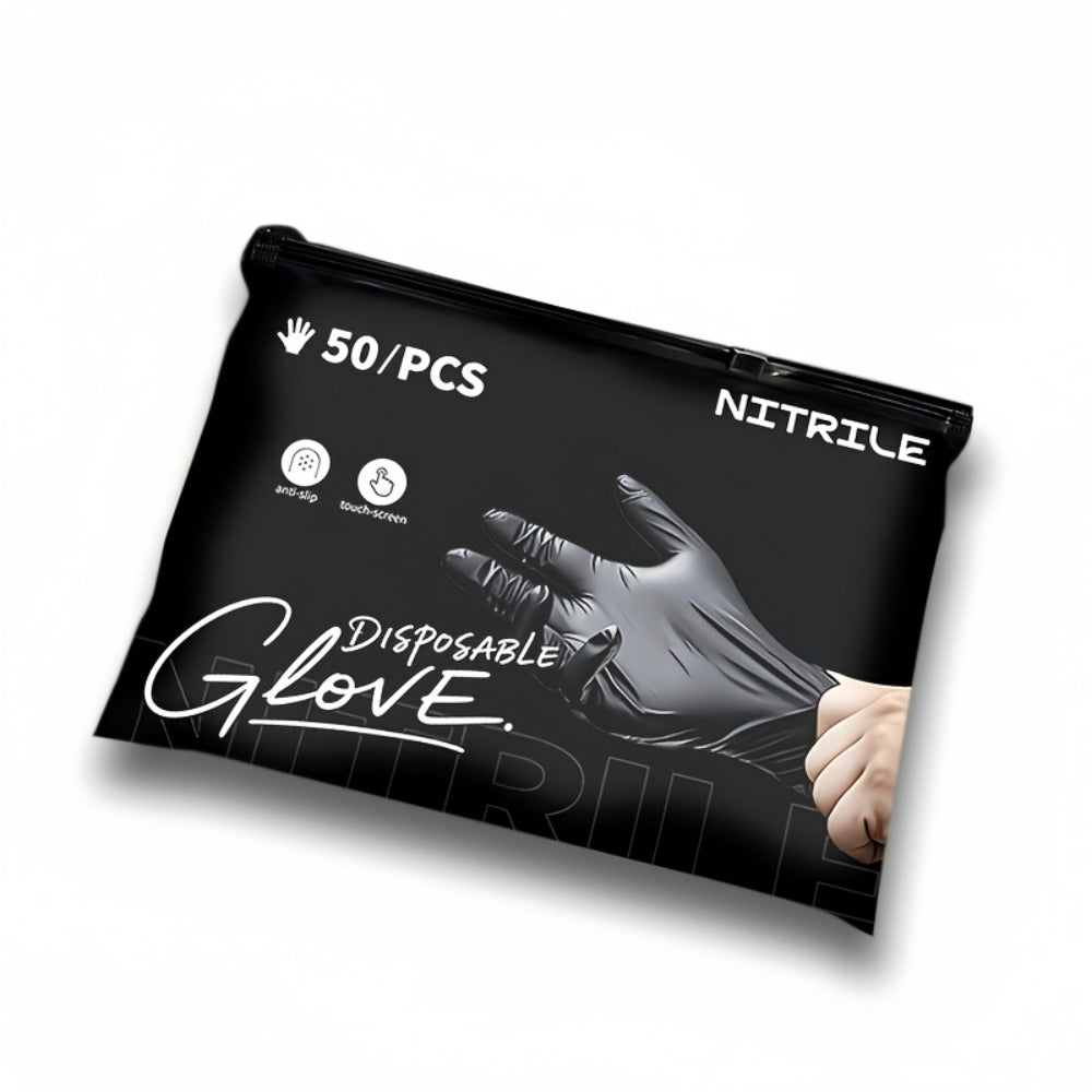 Black Nitrile Disposable Gloves in 51-Piece Size-Specific Packs with Powder-Free and Latex-Free Labels