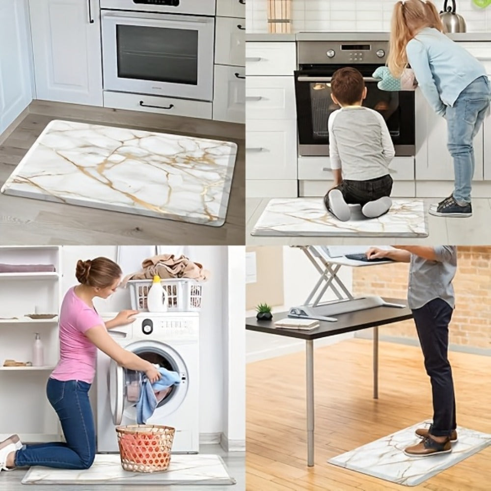 Marble-Pattern Kitchen Floor Mat in Three Exact Rectangular Sizes with Cushioned Low-Profile Form