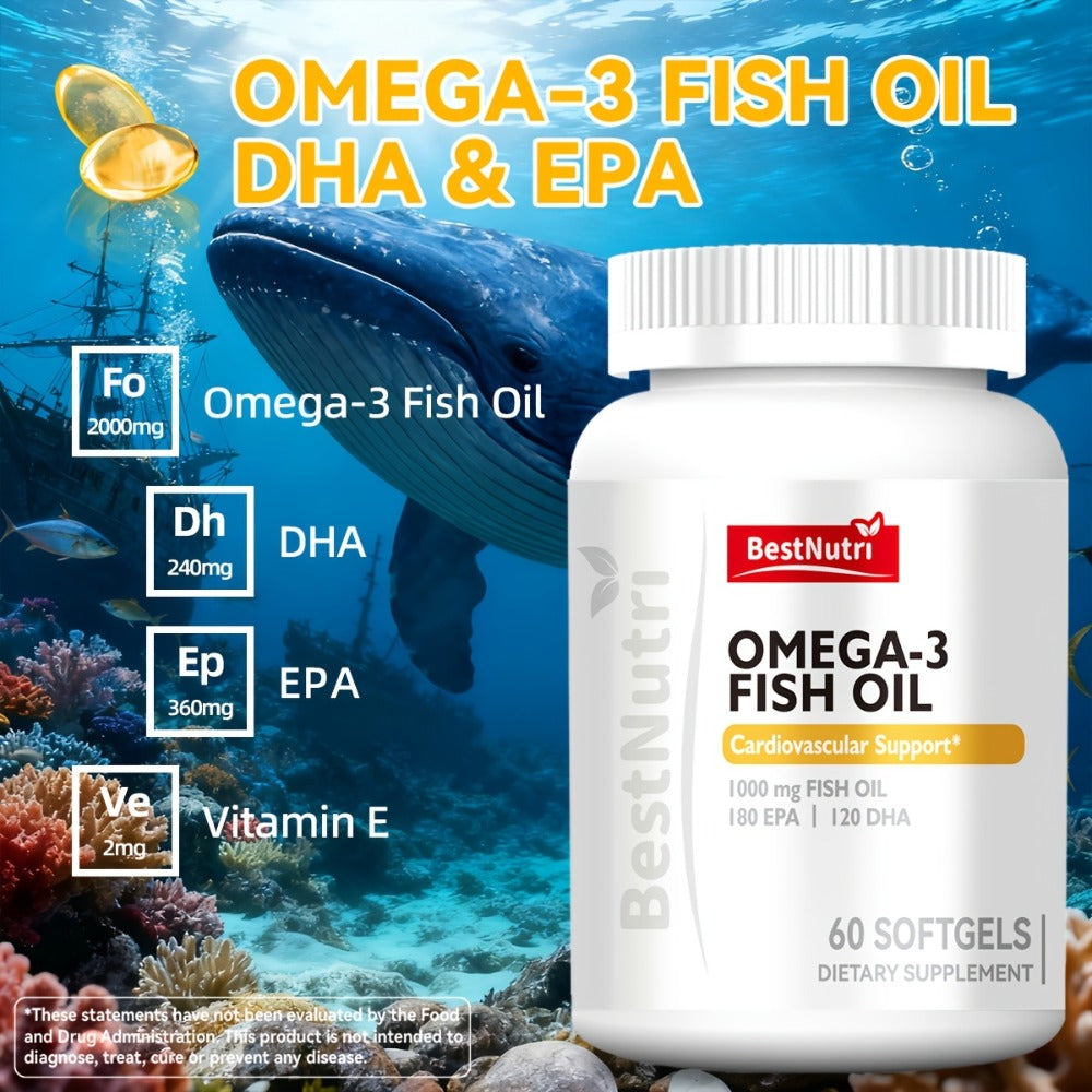 Omega-3 Fish Oil 2000mg Softgels with EPA & DHA — Cold-Extracted CGMP Certified | Brain Vitality Heart Health Anti-Inflammatory Support | For Adults & Young Adults | 60 or 90 Softgels