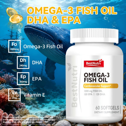 Omega-3 Fish Oil 2000mg Softgels with EPA & DHA — Cold-Extracted CGMP Certified | Brain Vitality Heart Health Anti-Inflammatory Support | For Adults & Young Adults | 60 or 90 Softgels