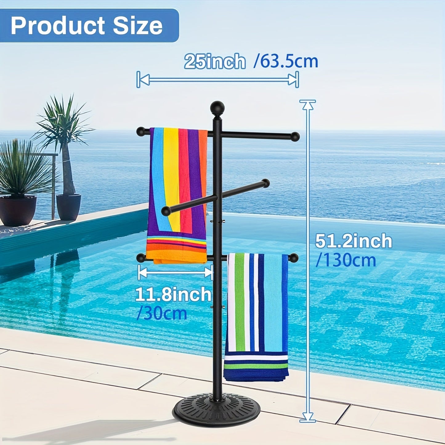 Freestanding Three-Bar Outdoor Pool Towel Rack with Hooks and Wide Base in Black Metal Finish