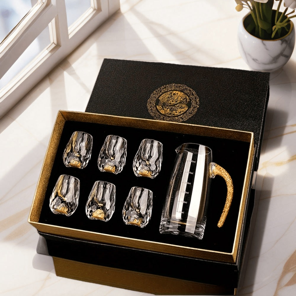 24K Gold Plated Crystal Wine Set – 1 Decanter & 6 Cups with Leakproof Crystal Glasses – Elegant Black Gift Box – Luxury Home Bar, Wedding & Party Gift for Wine Lovers
