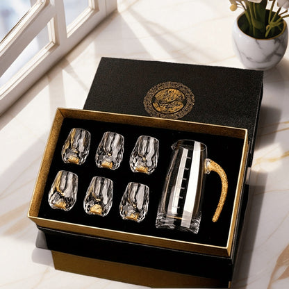 24K Gold Plated Crystal Wine Set – 1 Decanter & 6 Cups with Leakproof Crystal Glasses – Elegant Black Gift Box – Luxury Home Bar, Wedding & Party Gift for Wine Lovers