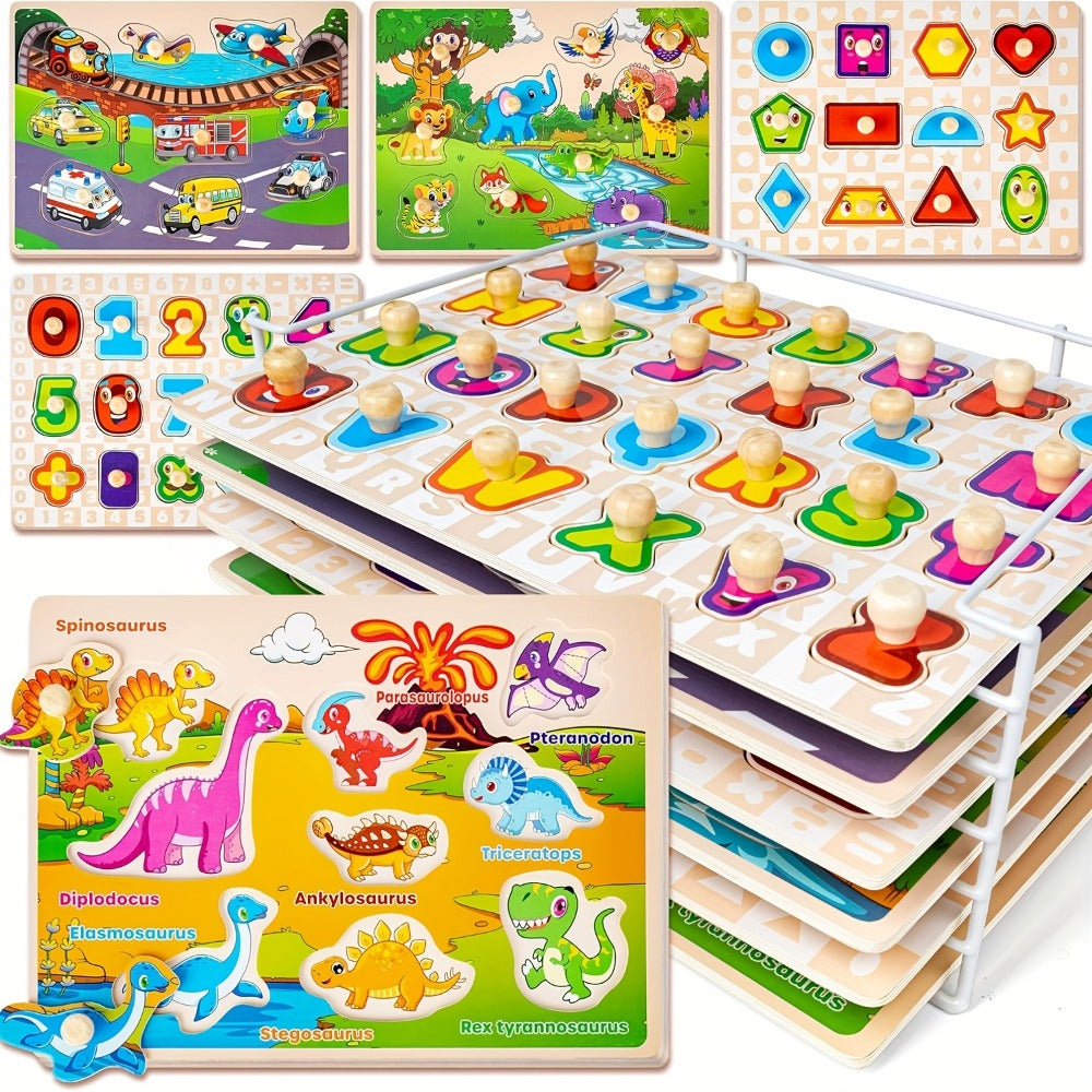 Six-Board Wooden Peg Puzzle Set with Metal Storage Rack and Scene or Animal Theme Checkout Options