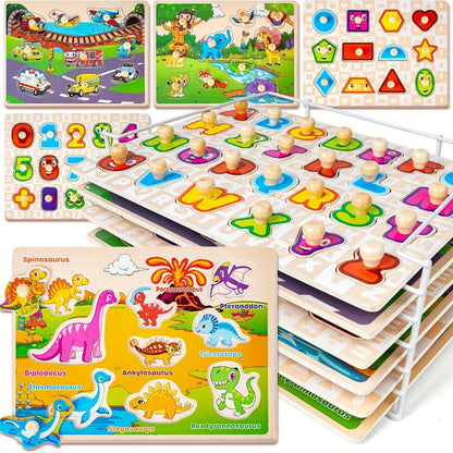Six-Board Wooden Peg Puzzle Set with Metal Storage Rack and Scene or Animal Theme Checkout Options