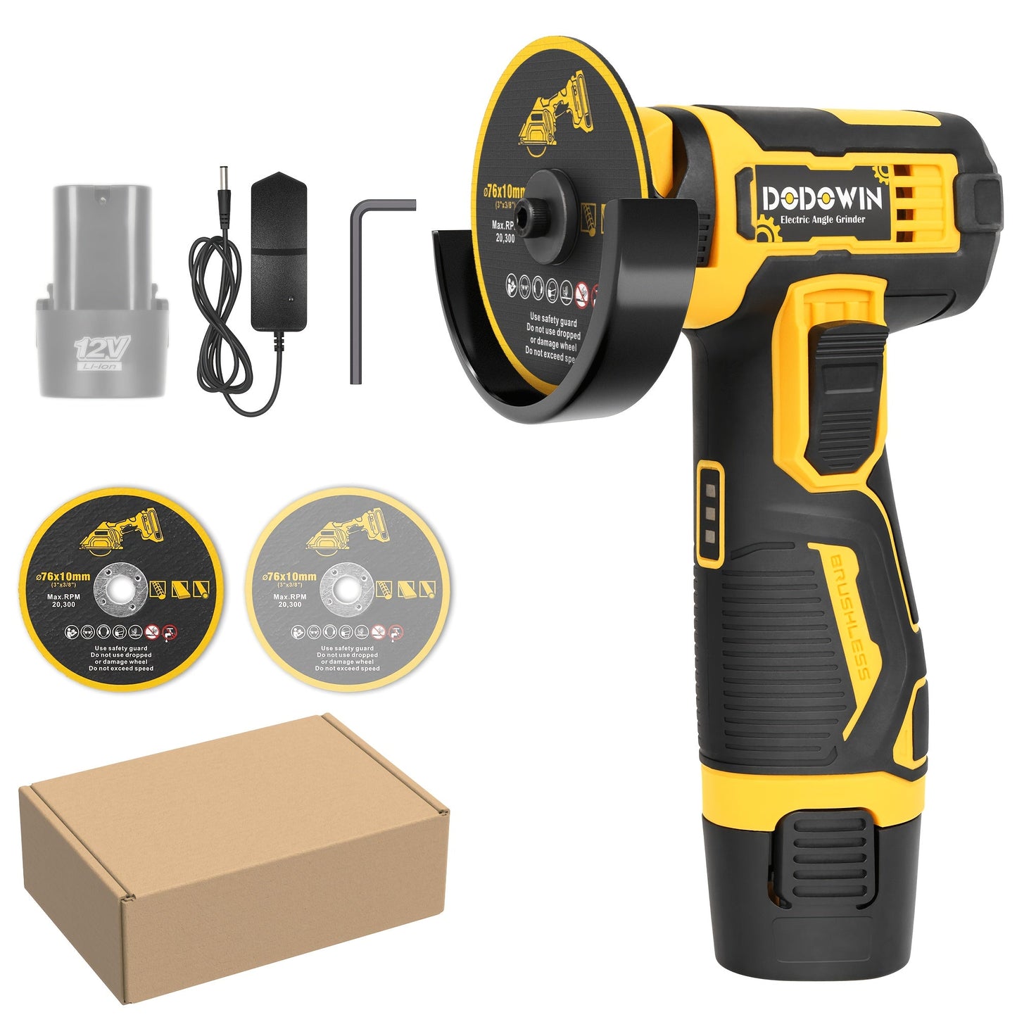 Power Tools DODOWIN 12V Mini Cordless Angle Grinder with 19,500 and 5,000 RPM Modes and Battery Options