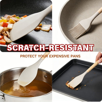Silicone Kitchen Utensil Set 12PCS with Wooden Handle - Heat Resistant Non-Stick Safe Cooking Spatula Spoon Turner Tongs Brush with Holder for Home Restaurant Gift