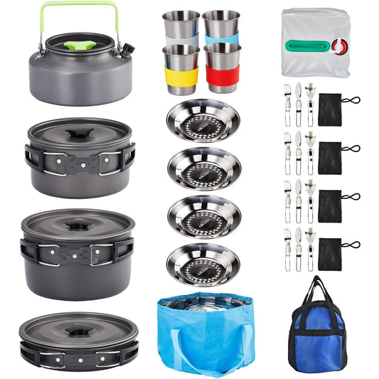 Camping Cookware Set, 19- or 27-Piece Coated Aluminum Mess Kit with Pot, Pan, Kettle, Cups, Plates and Cutlery