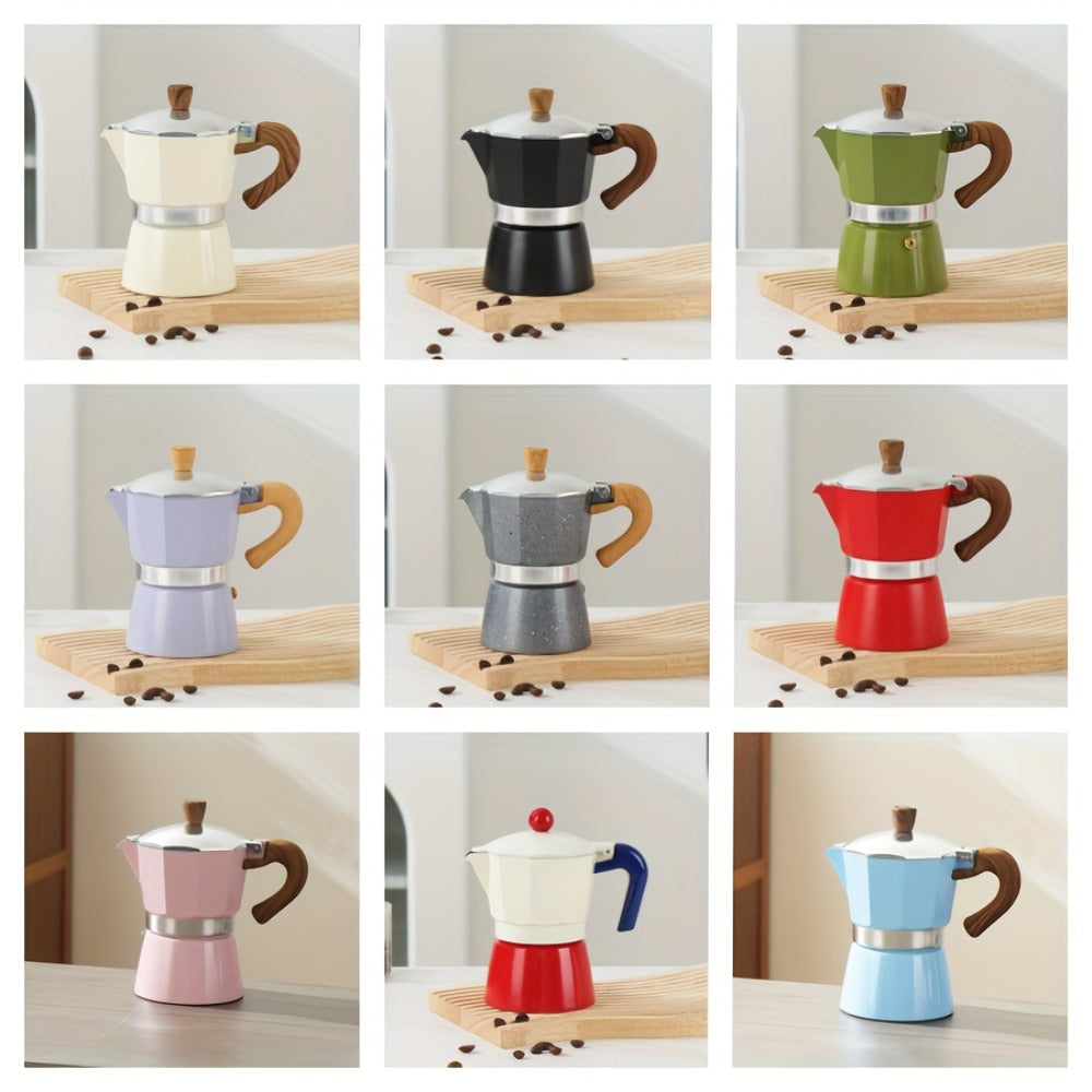 Classic 150ml Stovetop Moka Pot with Faceted Body, Wood-Look Handle and Seven Color Options