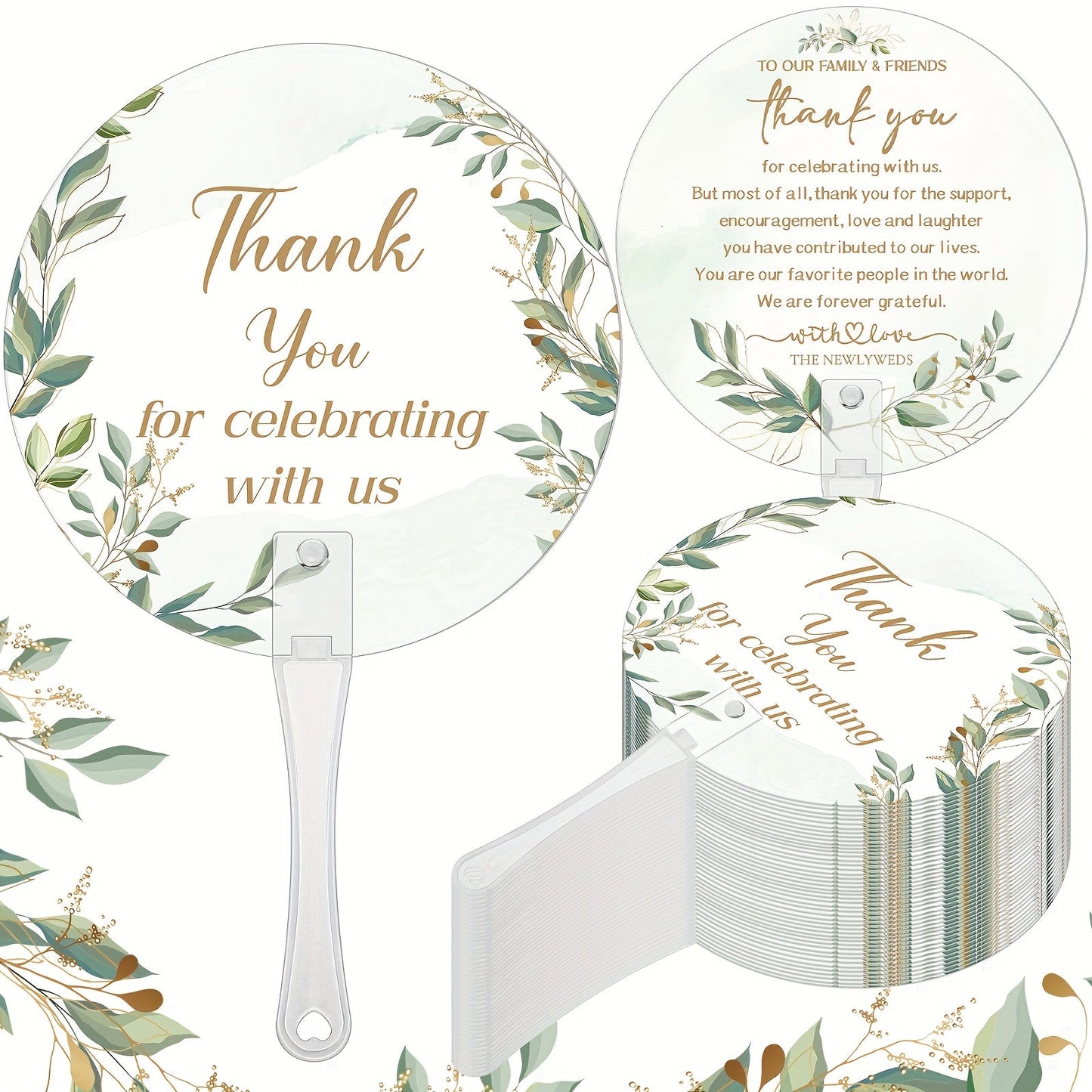 Greenery Leaf Wedding Hand Fans, 100-Piece Green Plastic Set with Handles for Ceremony, Bridal Shower or Party Guests