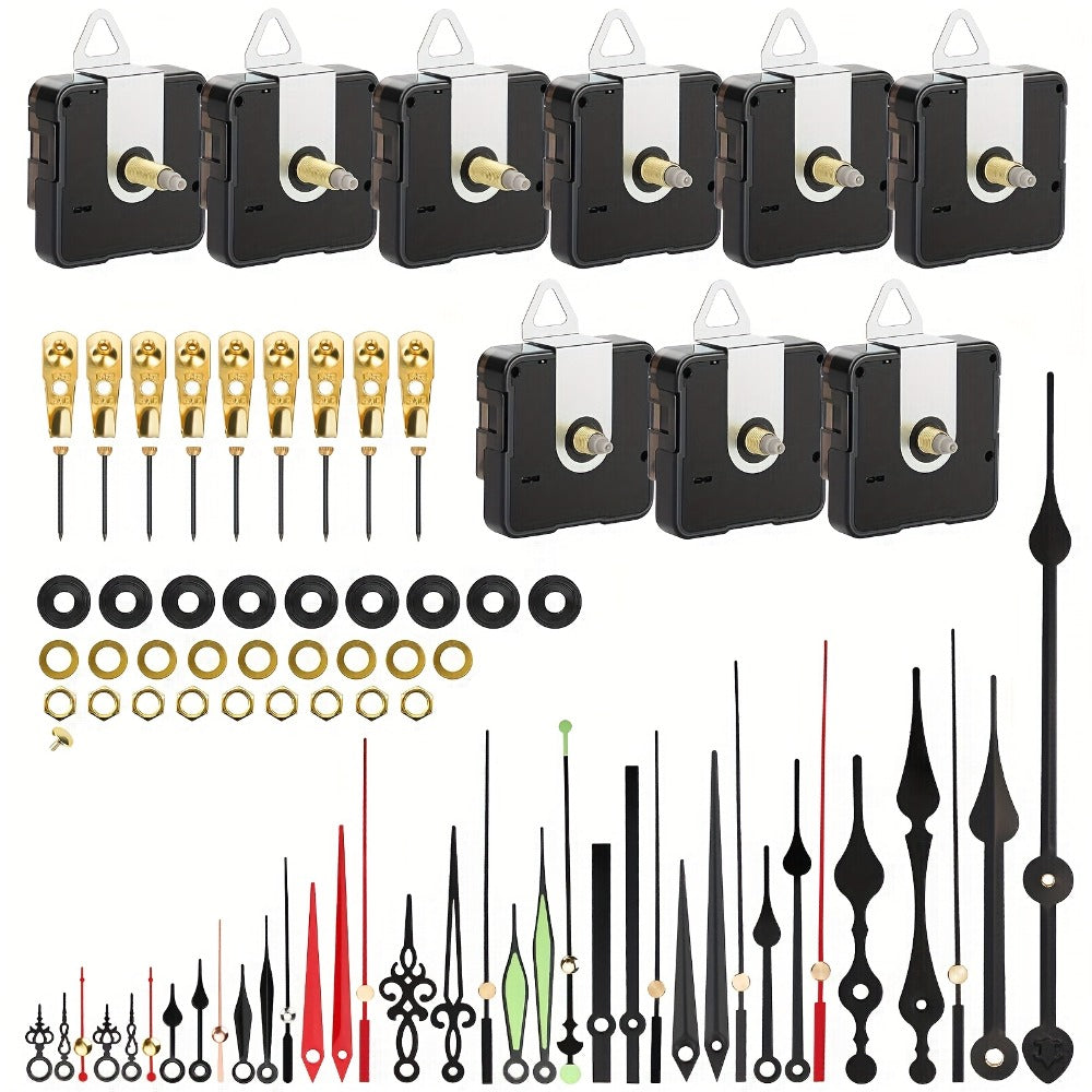 Quartz Clock Movement Kit with 9 Mechanisms and 12 Pairs of Hands for 13, 16 and 22 mm Shaft Options