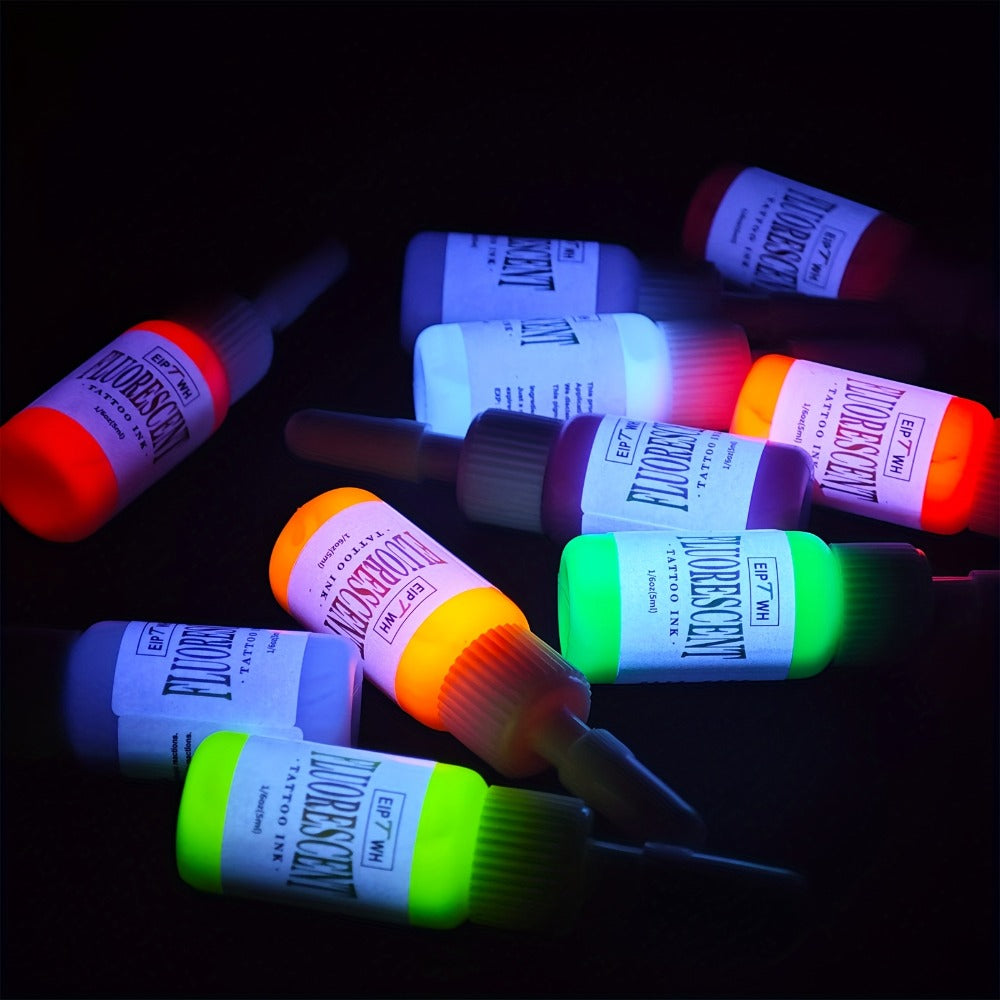UV Tattoo Ink Set 10 Colors Fluorescent Neon Glow Blacklight Reactive Light-Reactive Long-Lasting Ink Bottles for Tattoo Artists Body Art Festival & Rave Events