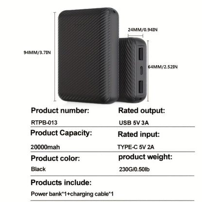 Power Bank 20000mAh 5V/3A for Heated Clothing with USB-C Input/Output, Single or Two-Pack Sets