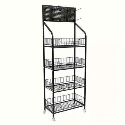 Four-Tier Rolling Display Rack with Wire Basket Shelves, Top Sign Panel and Exact 55 by 24 by 11 Option