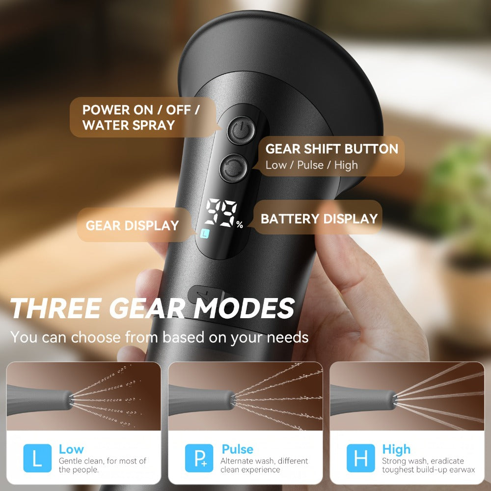 Electric Ear Wax Remover Rechargeable - LED Battery Display, 3 Pressure Levels, Integrated Waste Water Tank