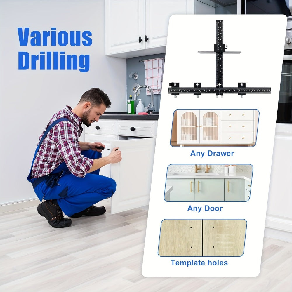 Adjustable Cabinet Hardware Drilling Jig with Aluminum Guide, Metric Scale and Handle-Pull Template Parts
