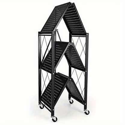 Three-to-Five-Tier Wheeled Storage Rack with Foldable Shelves and Black or White Configurations