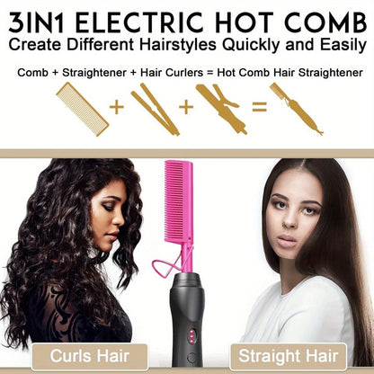 Electric Hot Comb Hair Straightener – 3-in-1 Ceramic Pressing Comb for Natural Hair, Beard & Wigs, Curling & Straightening Iron with Protective Holder, Bonus 2 Clips & 1 Comb, Gift Ready
