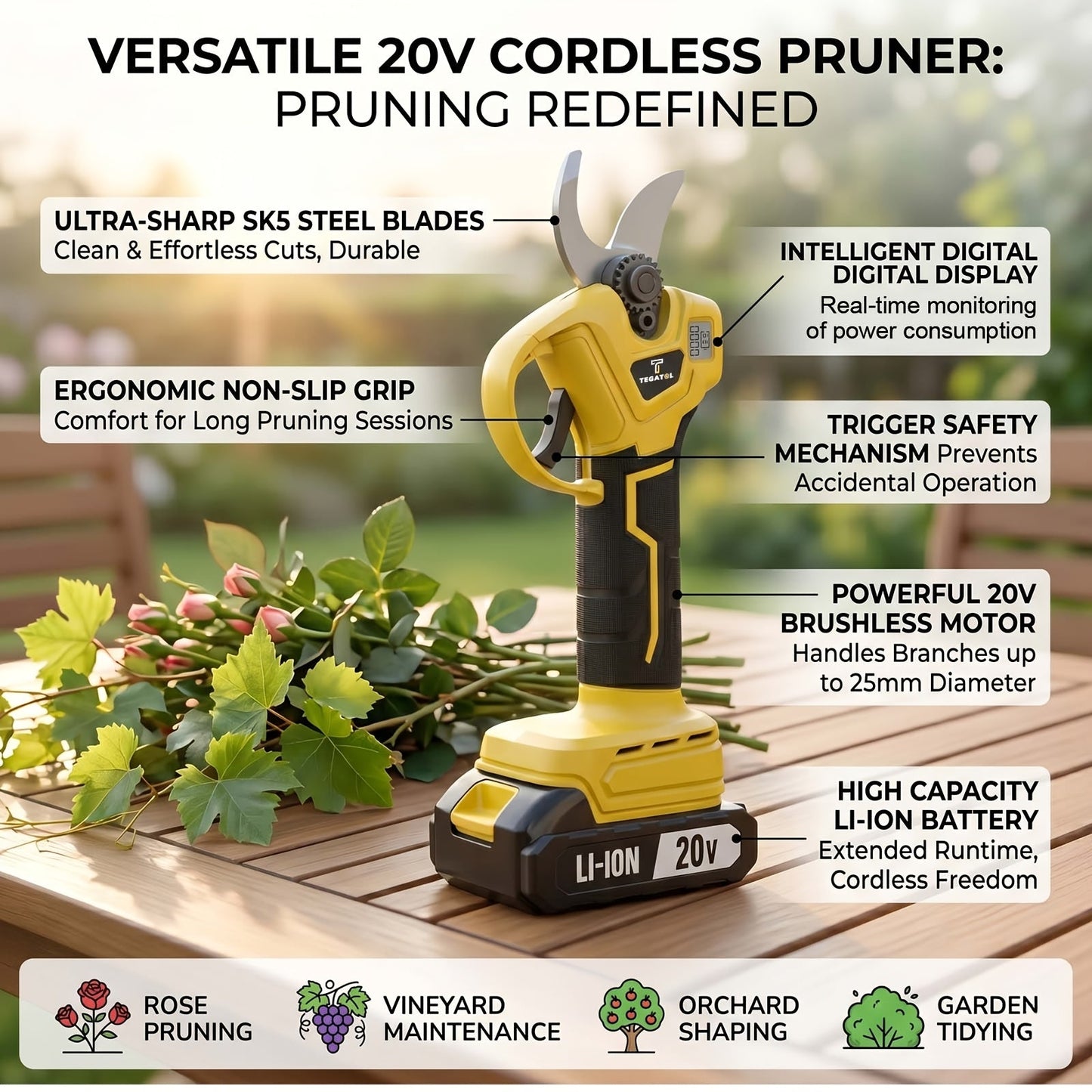 20V-Labeled Cordless Pruning Shears with Display, Yellow or Green Body and One- or Two-Battery Kits