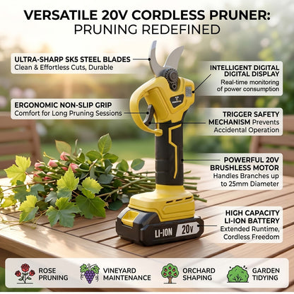 20V-Labeled Cordless Pruning Shears with Display, Yellow or Green Body and One- or Two-Battery Kits
