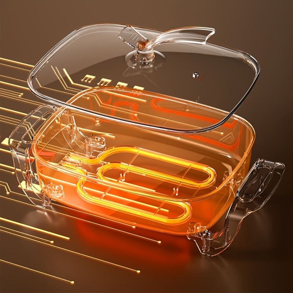 Electric Ceramic Non-Stick Pot 12x12 Inch 1500W Square Skillet with Glass Lid Adjustable for Home Cooking, Dining and Outdoor Meals