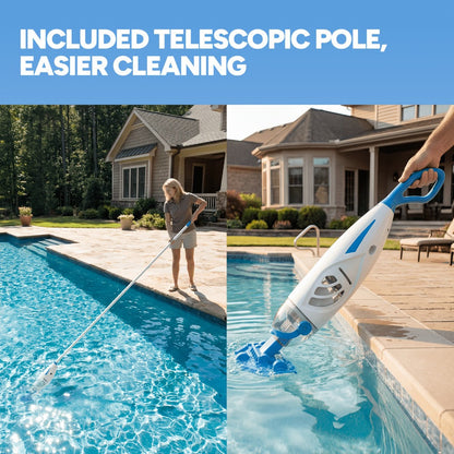Cordless Pool Vacuum Cleaner 15.8 GPM Suction, 60-Min Runtime, Telescopic Pole for Entryways, Bedrooms and Living Spaces