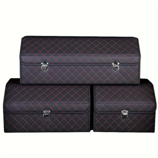 PU Leather Foldable Car Trunk Organizer Box with Lid – Collapsible Cargo Storage Bin for SUV & Sedan, Tool & Accessory Container, 15" & 28" Sizes, Coffee, Black Silver & Black Red