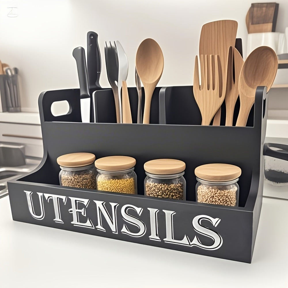 Utensil Holder Kitchen Organizer with Four Wood Compartments, Countertop Shelf and White or Black Finish