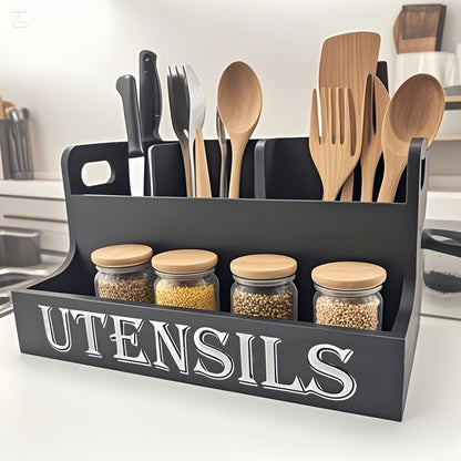 Utensil Holder Kitchen Organizer with Four Wood Compartments, Countertop Shelf and White or Black Finish