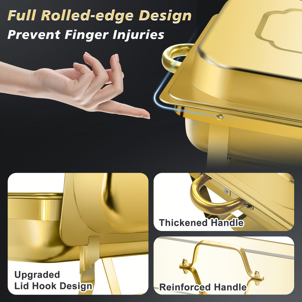 Chafing Dish Buffet Set 8QT Gold - Stainless Steel Food Warmer with Lid Foldable Stand & Golden Serving Tongs for Parties Weddings Catering Events, 1 or 4 Pack