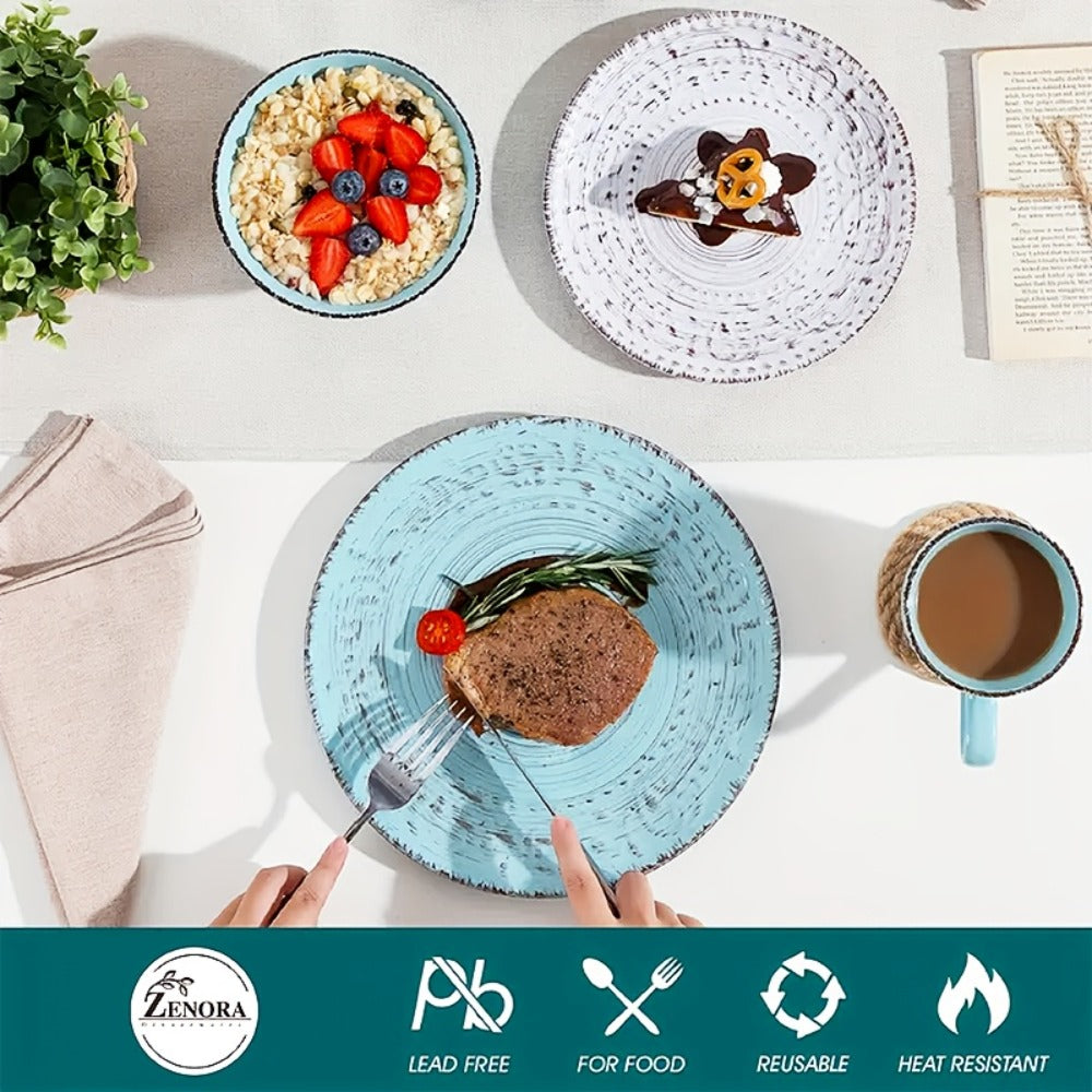 Sixteen-Piece Ceramic-Style Dinnerware Set for Four in White-Blue or Milky-White Coffee Colors