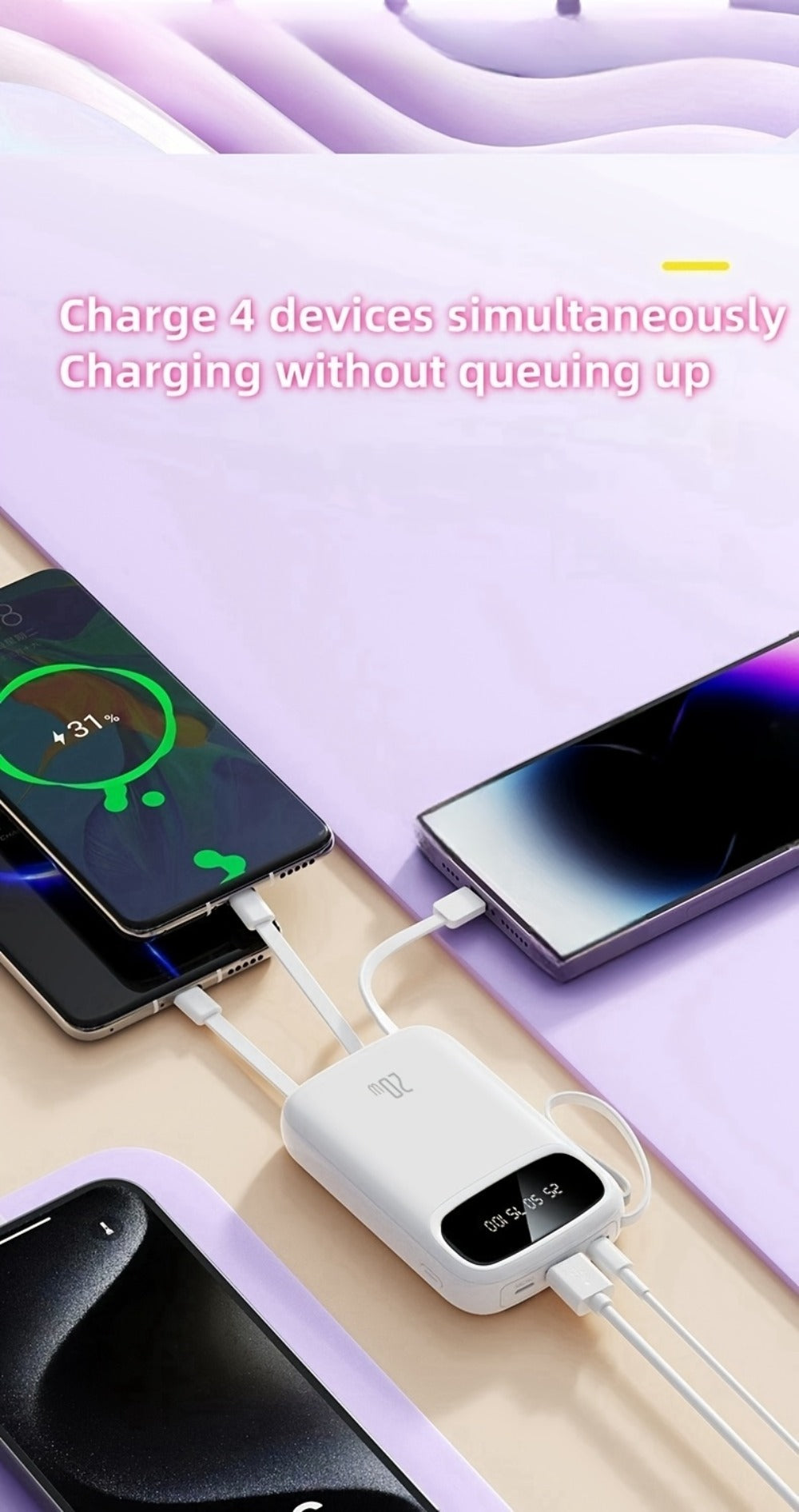 Power Bank 10000mAh with Three Built-In Cables, 5W/15W/22.5W Options, Digital Display and Lanyard