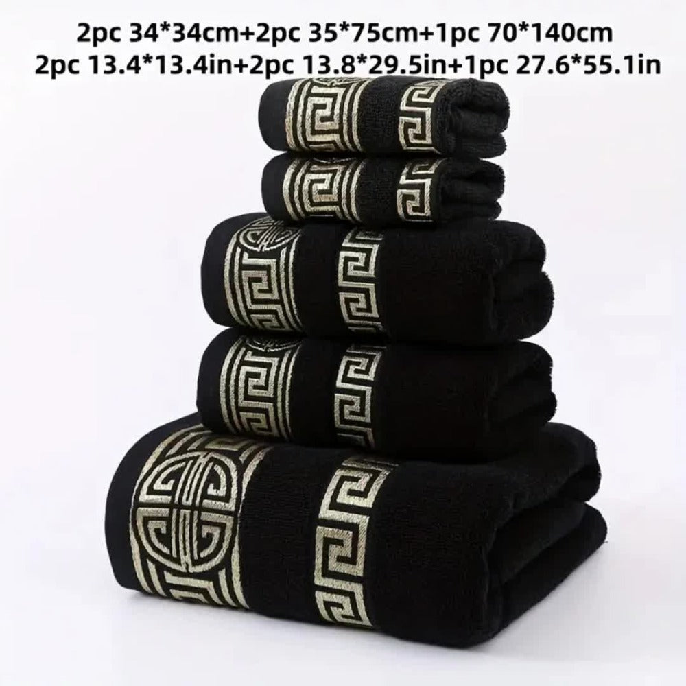 5-Piece 100% Cotton Towel Set – 1 Bath Towel, 2 Hand Towels & 2 Washcloths | Ultra-Soft, Highly Absorbent, Exquisite Pattern Design for Home Bathroom