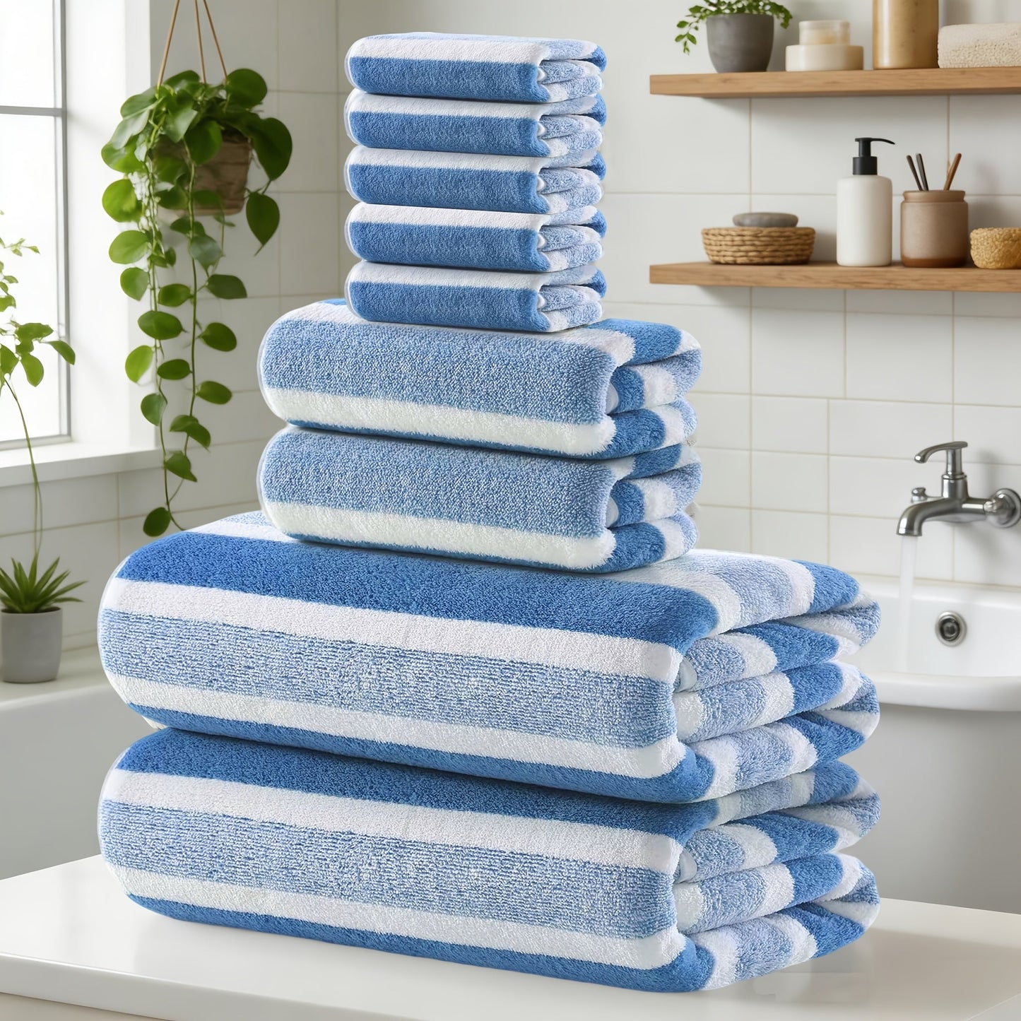 Coral Fleece Towel Set 9 or 15 Piece No Hair Loss 320GSM - Super Soft Absorbent Two-Color Striped | 2 Bath 2 Face 5 Hand Towels | Gray Brown Red Green Blue Mixed | Bathroom Beach Essentials