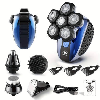 Electric Head Shaver for Bald Men 7D 7 Floating Heads — All-in-One Grooming Kit with Nose Hair Trimmer & Facial Cleaning Brush, 1.5H Fast Charging, Travel Lock, Rechargeable Men's Razor Gift Set (Blue/Black/Gold/Coffee)