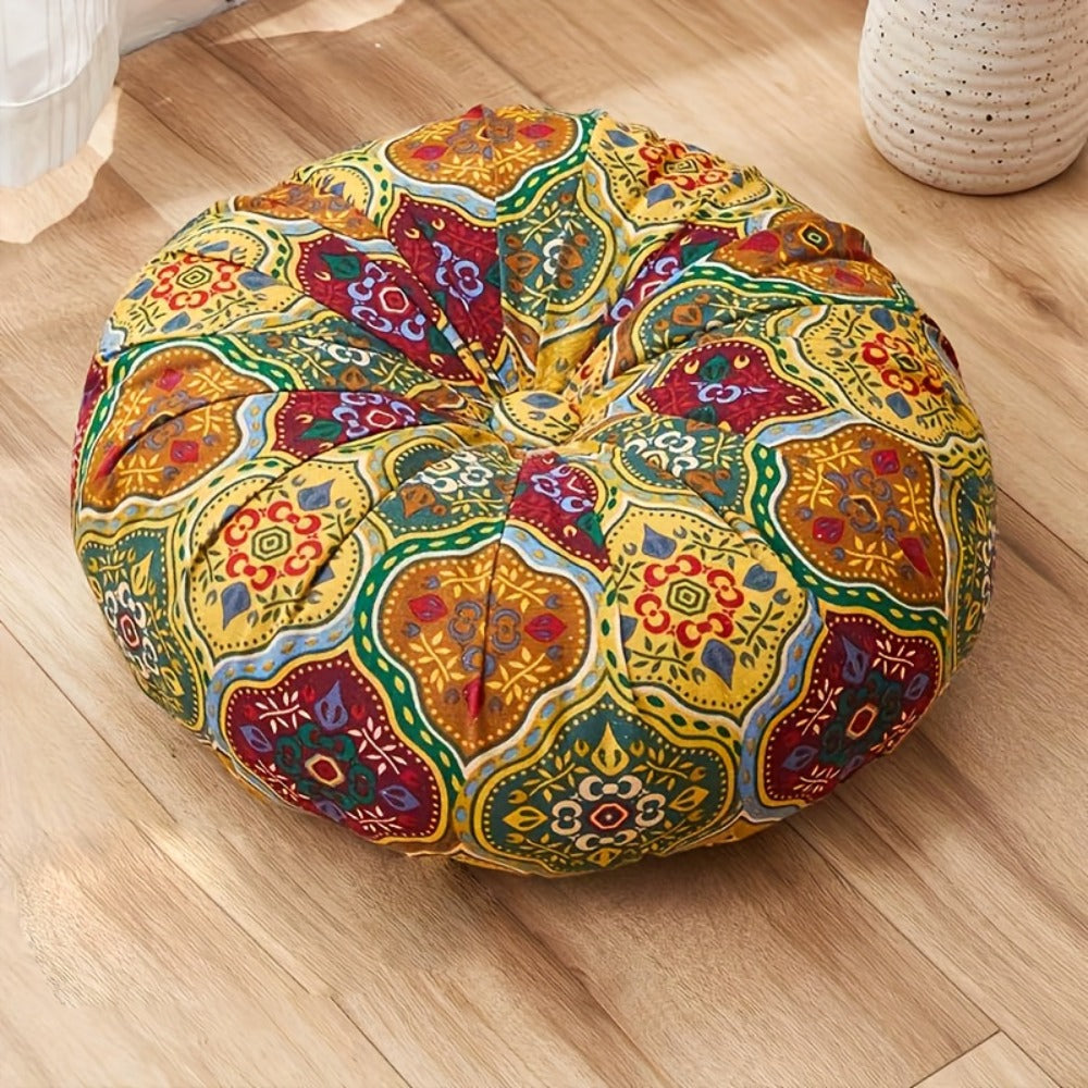 Floor Pillow Round Bohemian Thick Cushion Vintage Floral Pattern Boho Meditation Seat Pad Fade Resistant Cotton Filled Decorative Pouf for Living Room Bedroom All Seasons