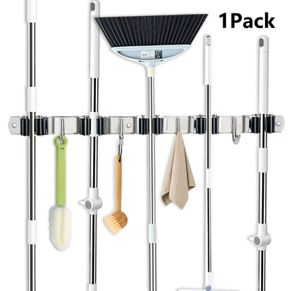 Mop and Broom Holder Wall Mount – Stainless Steel Heavy Duty Self Adhesive Rack with 5 Slots & 4 Hooks, No-Drill Storage Organizer for Kitchen Garage Laundry Garden Home