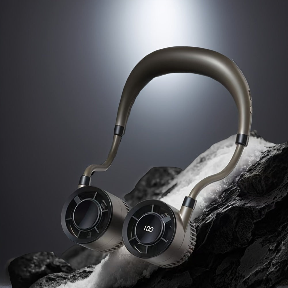 Dual-Head Neck Fan with a Digital Display in White, Green or Champagne Golden and USB Charging