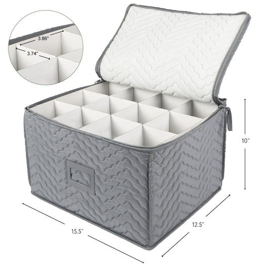 Wine Glass Storage Case 12-Compartment Quilted Stemware Box with Dividers 15.5x12.5x10 Inch Gray