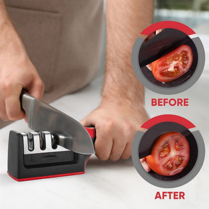 Four-Stage Manual Knife and Scissors Sharpener with Red Handle and Removable Sharpening Head