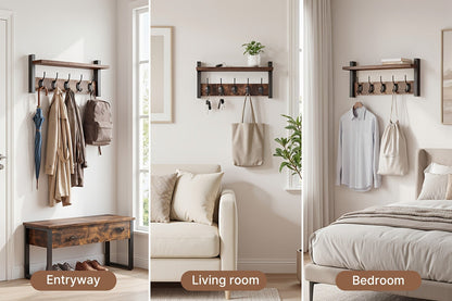 Wall Mounted Coat Hook Shelf with 5 Hooks - Wooden Floating Shelf & Key Rack Organizer for Entryway, Bedroom, Bathroom, Kitchen & Living Room - Rustic Vintage Style